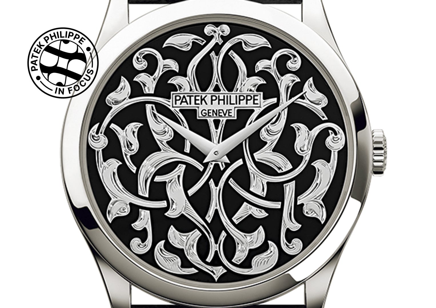 The stunning white gold and enamel dial of a 'Volutes and Arabesques' Calatrava
