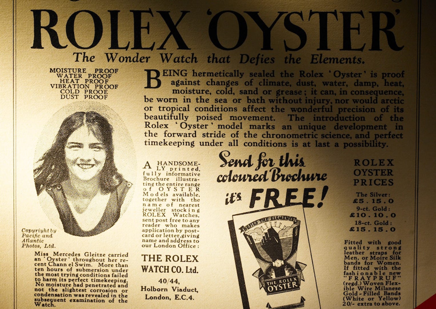 The newspaper advert that Wilsdorf put in the Daily Mail in 1927