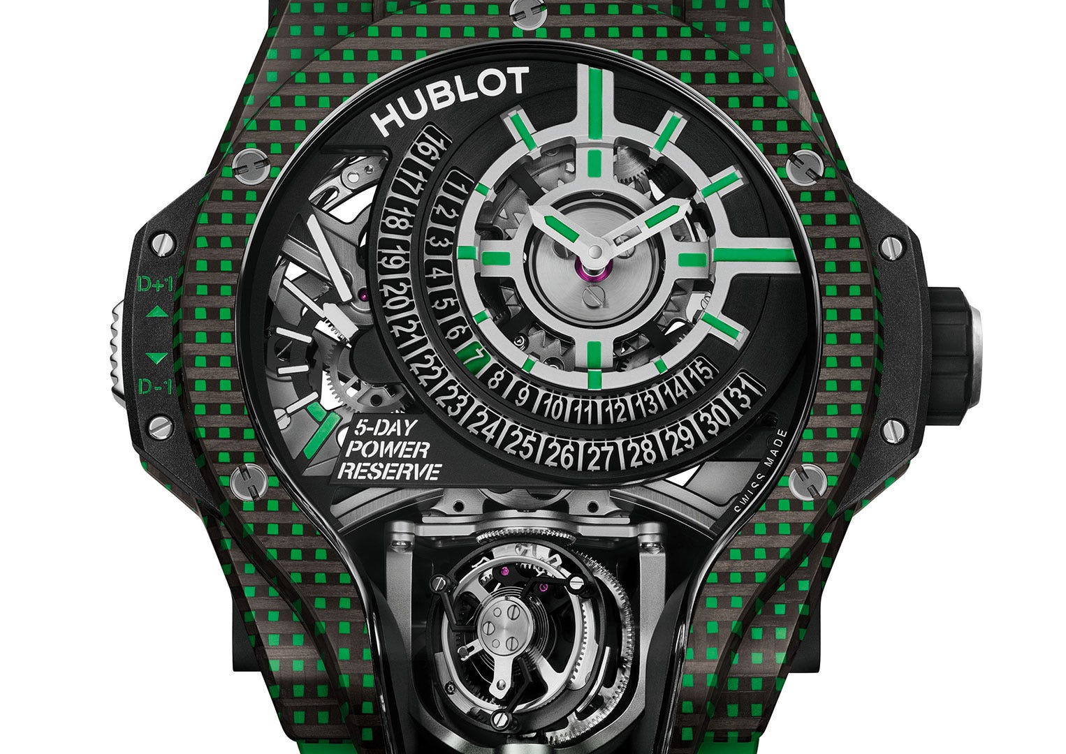 The colour carbon-cased Hublot MP-09 model with Tourbillon Bi-Axis